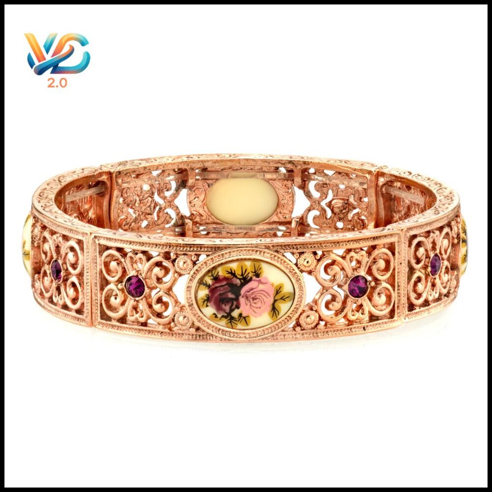 Rose Gold Stretch Bracelet Vintage Floral Design Fits 7 Inch Wrist